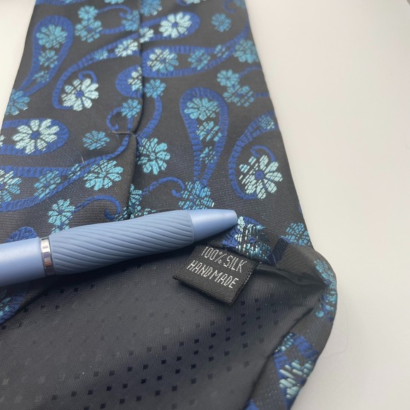 Kai Long 100% Silk Hand Made Blue Paisley Floral Men's Tie - Picture 4 of 4